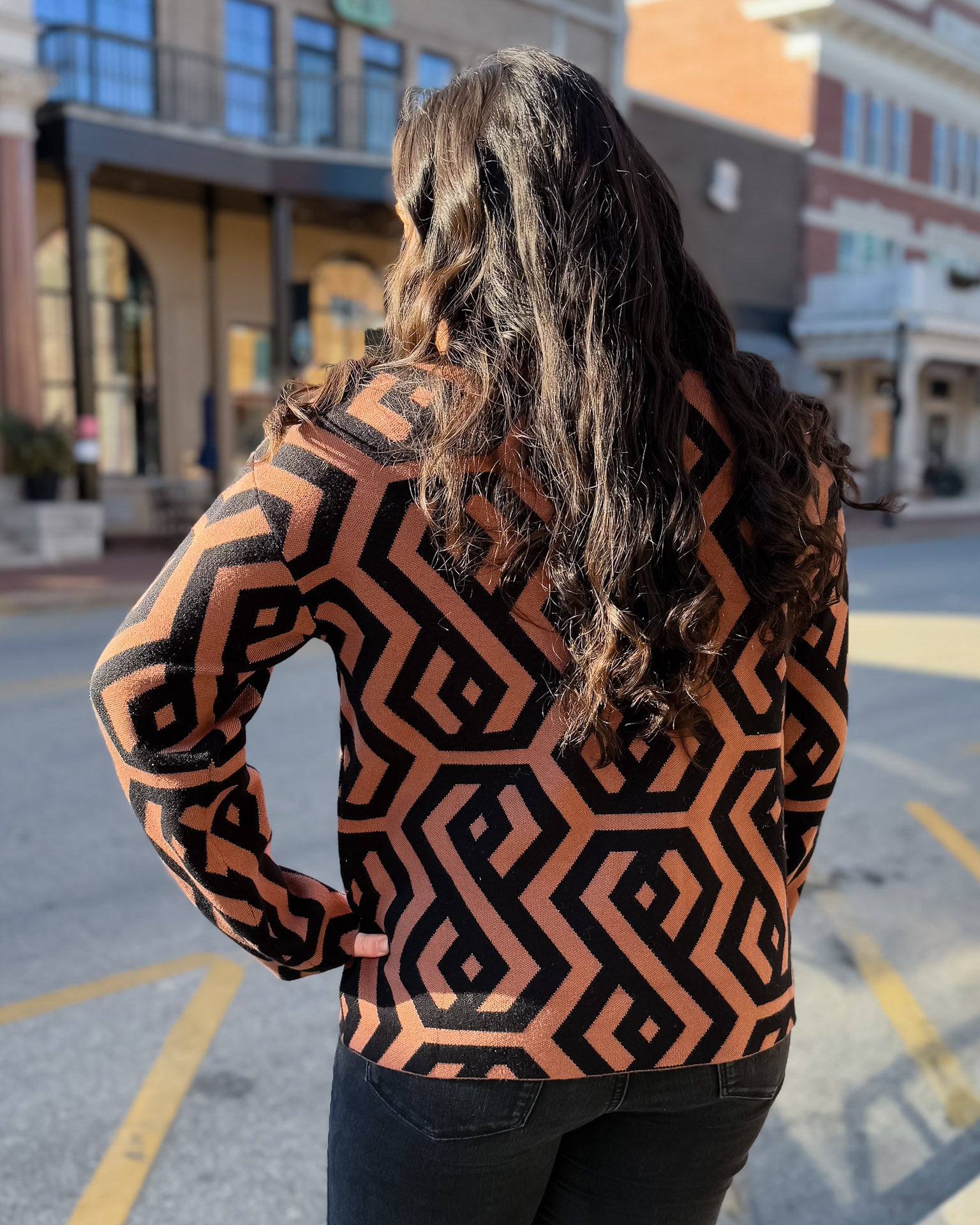 Brown and Black Geometric Turtleneck Sweater