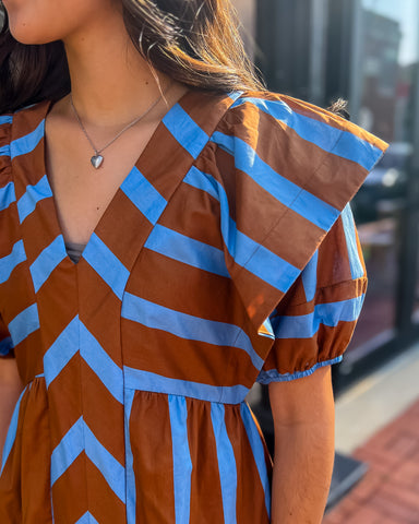 Brown and Blue Mixed Line V-Neck Mini Dress