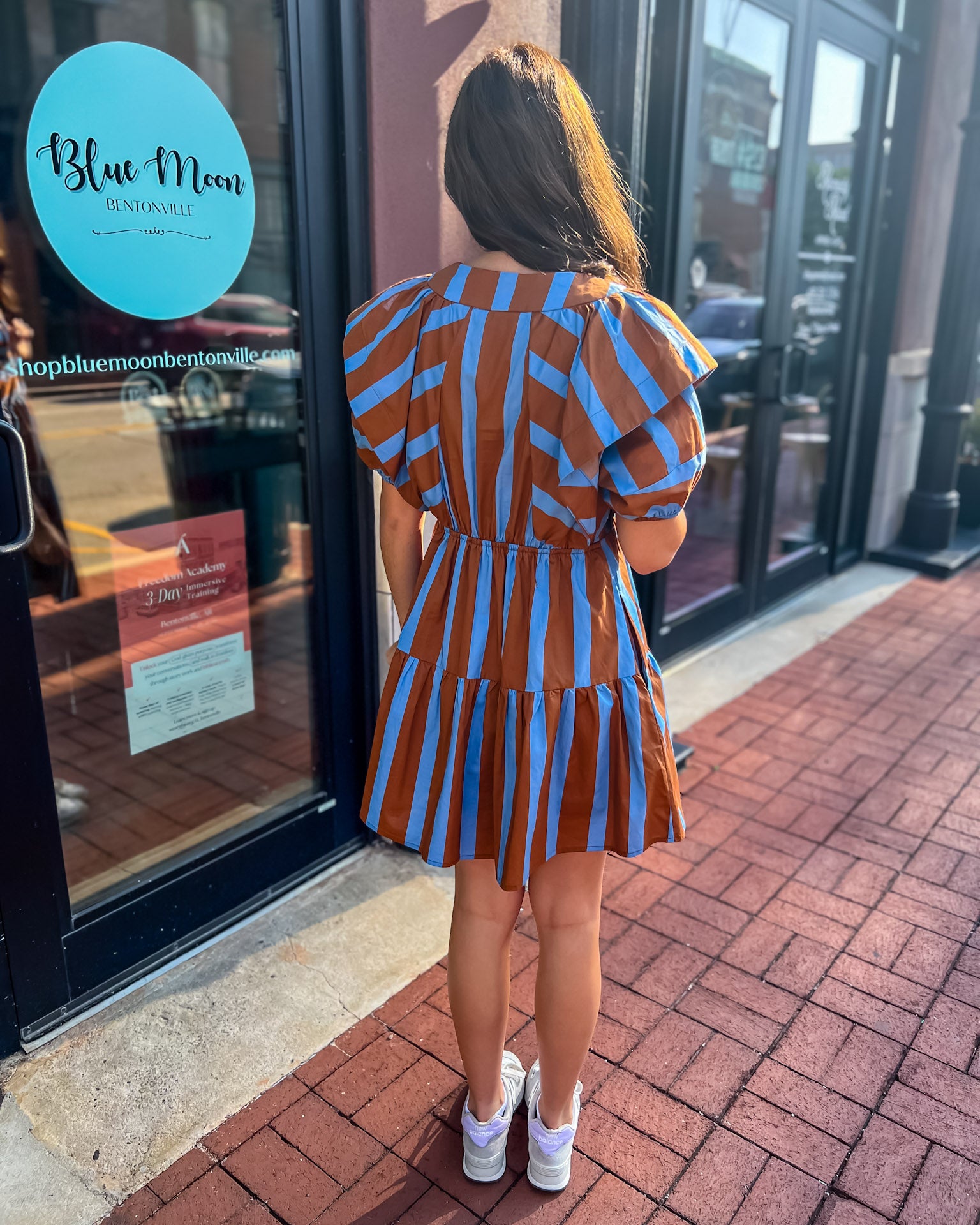 Brown and Blue Mixed Line V-Neck Mini Dress