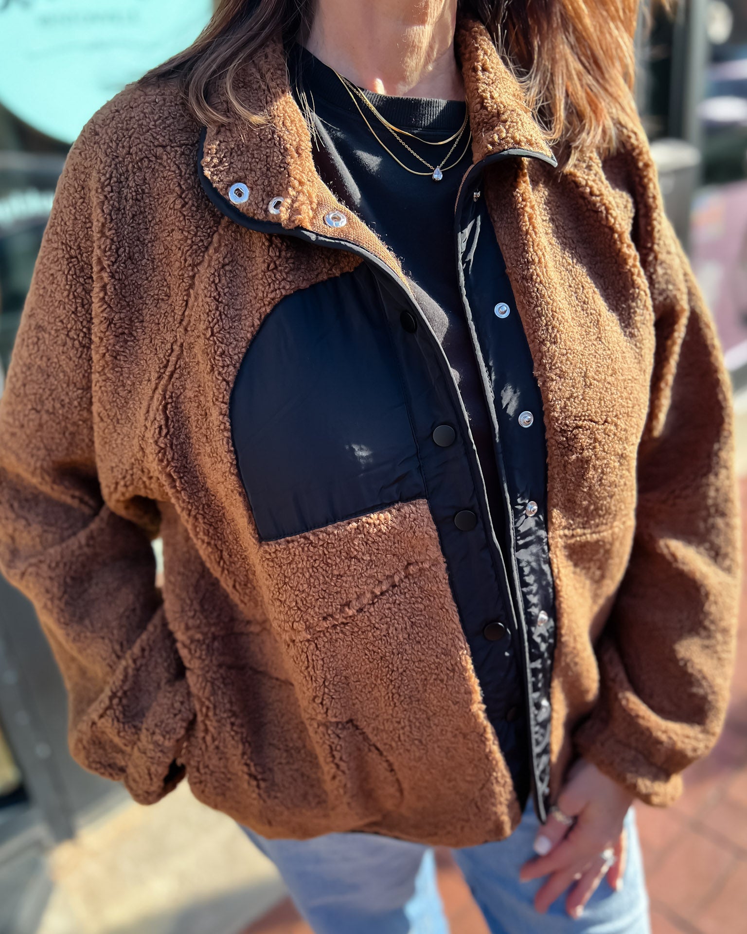 Brown Colorblock Snap Button Fleece Jacket