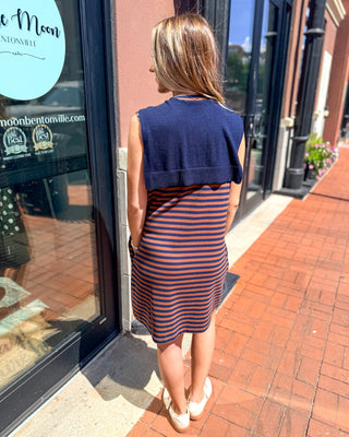Brown/Navy Striped Mini Dress w/Scarf Detail - Blue Moon Bentonville