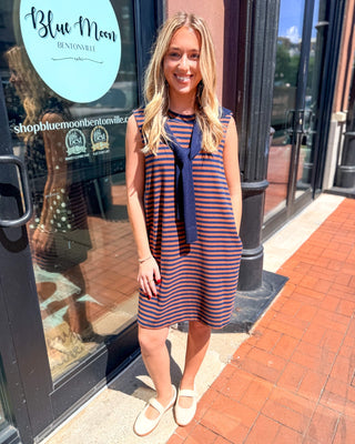 Brown/Navy Striped Mini Dress w/Scarf Detail - Blue Moon Bentonville