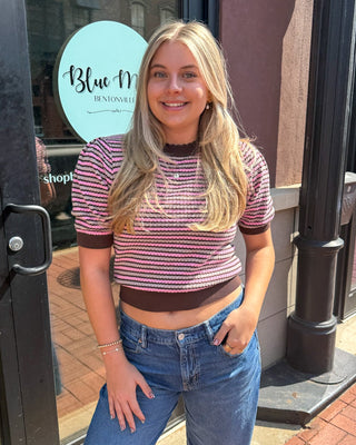 Brown/Pink Contrast Scalloped Striped Knit Top - Blue Moon Bentonville