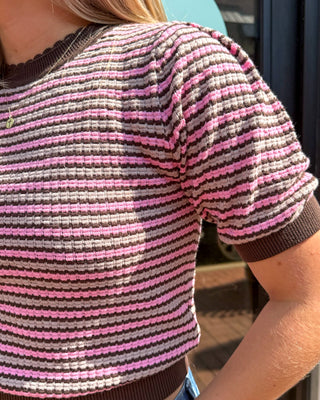 Brown/Pink Contrast Scalloped Striped Knit Top - Blue Moon Bentonville