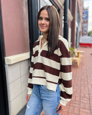 Brown Wide Striped Collard Top