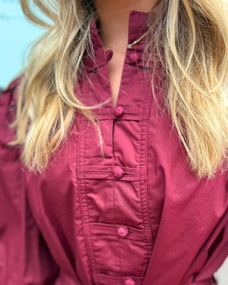 Burgundy Button-Front Tie Waist Mini Dress - Blue Moon Bentonville