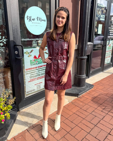 Burgundy Faux Leather Utility Dress