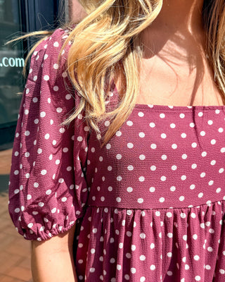 Burgundy Polka Dot Square Neck Midi Dress - Blue Moon Bentonville