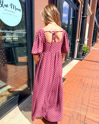 Burgundy Polka Dot Square Neck Midi Dress - Blue Moon Bentonville