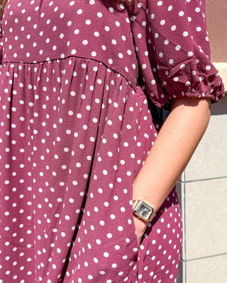 Burgundy Polka Dot Square Neck Midi Dress - Blue Moon Bentonville