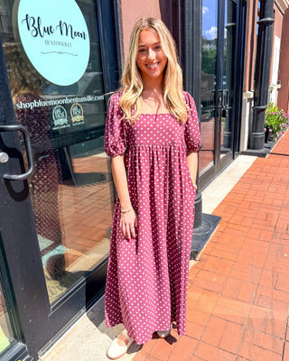 Burgundy Polka Dot Square Neck Midi Dress - Blue Moon Bentonville