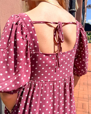 Burgundy Polka Dot Square Neck Midi Dress - Blue Moon Bentonville