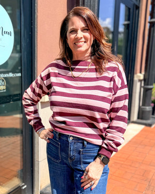 Burgundy Striped Boatneck Sweater - Blue Moon Bentonville