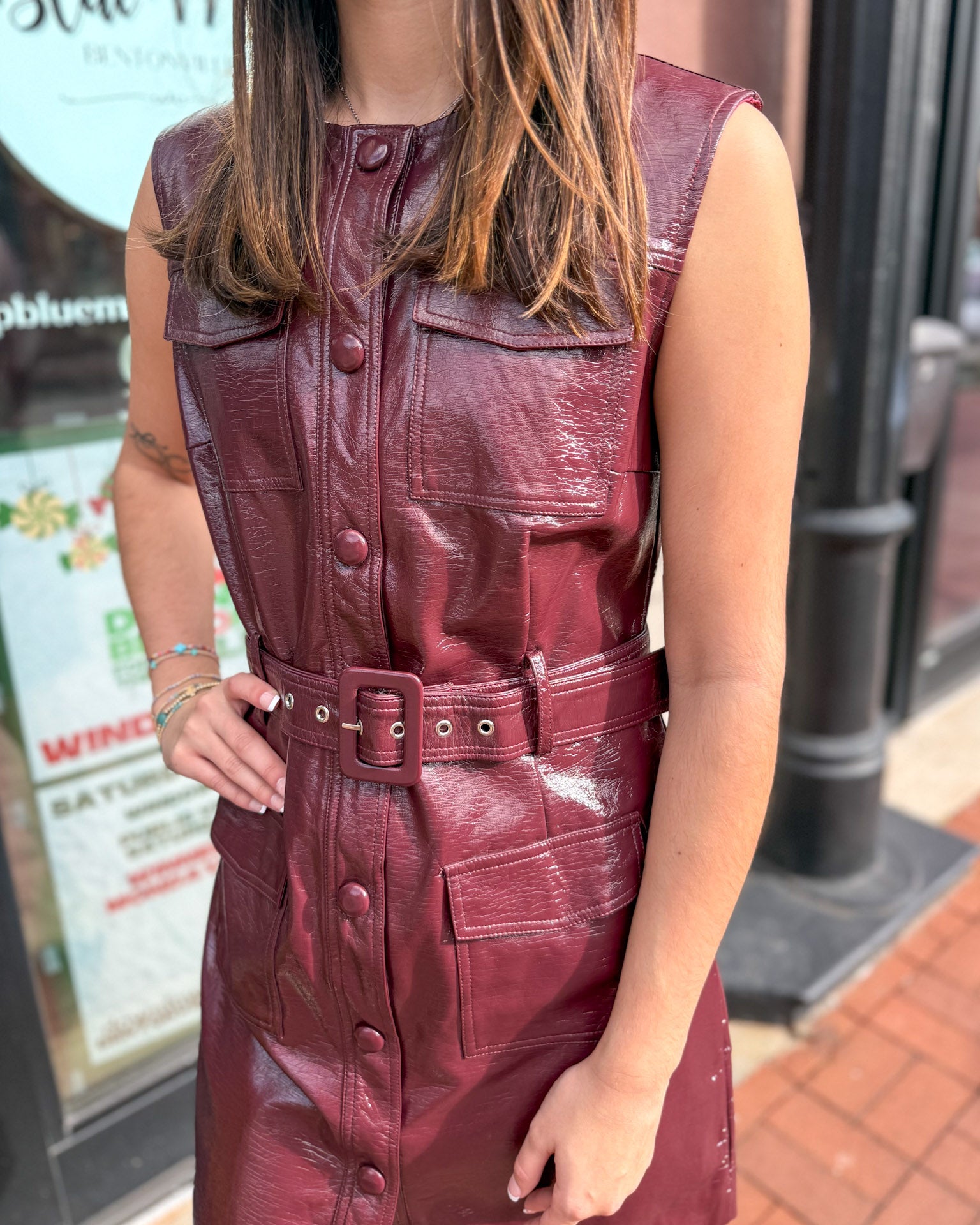 Burgundy Faux Leather Utility Dress