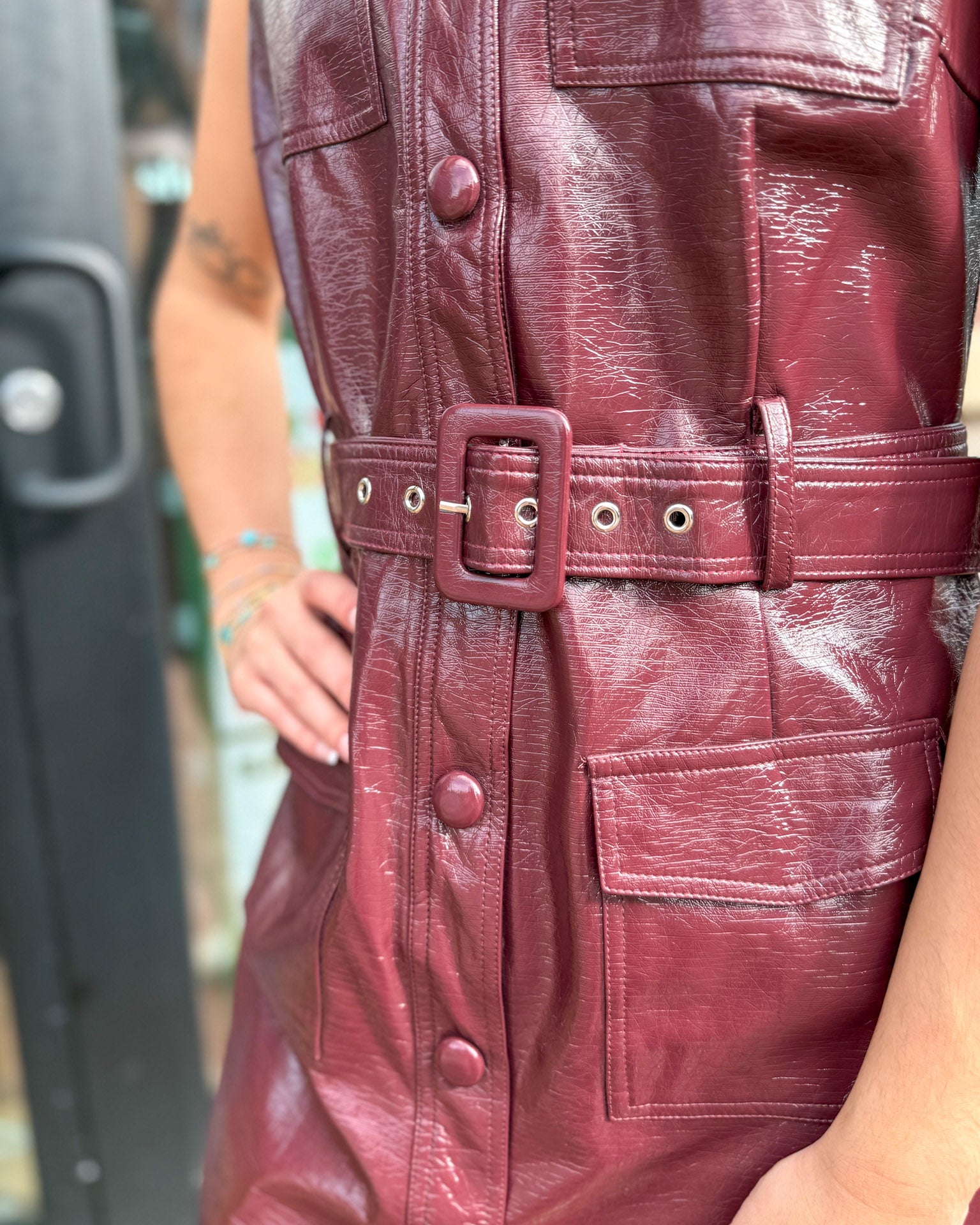 Burgundy Faux Leather Utility Dress