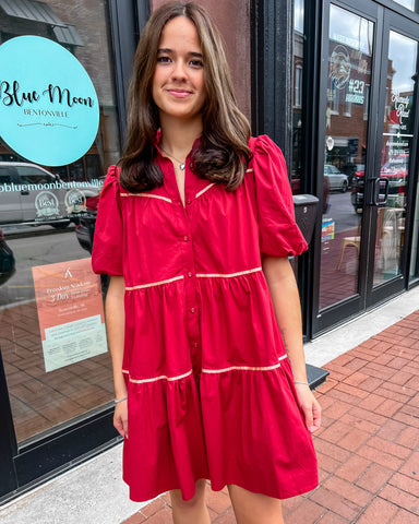 Burgundy Tiered Dress with Metallic Piping