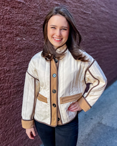 Camel and Cream Colorblock Quilted Jacket