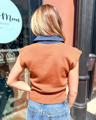 Camel Knit Top w/Denim Contrast - Blue Moon Bentonville