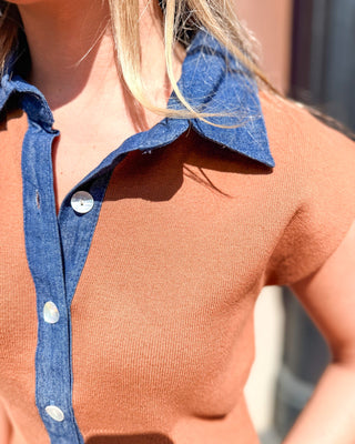 Camel Knit Top w/Denim Contrast - Blue Moon Bentonville