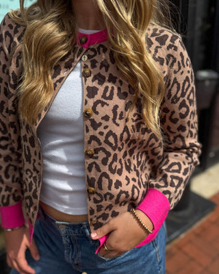Camel Leopard Cardigan w/Pink Contrast - Blue Moon Bentonville