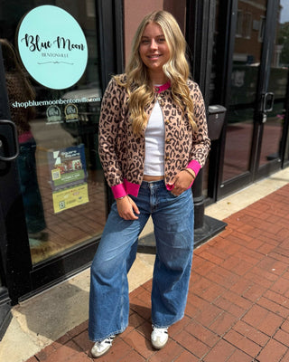 Camel Leopard Cardigan w/Pink Contrast - Blue Moon Bentonville