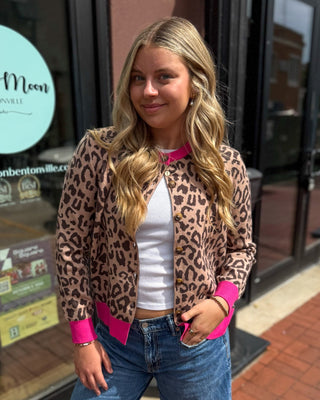 Camel Leopard Cardigan w/Pink Contrast - Blue Moon Bentonville