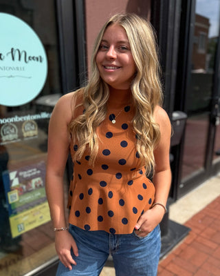 Camel Polka Dot Peplum Top - Blue Moon Bentonville