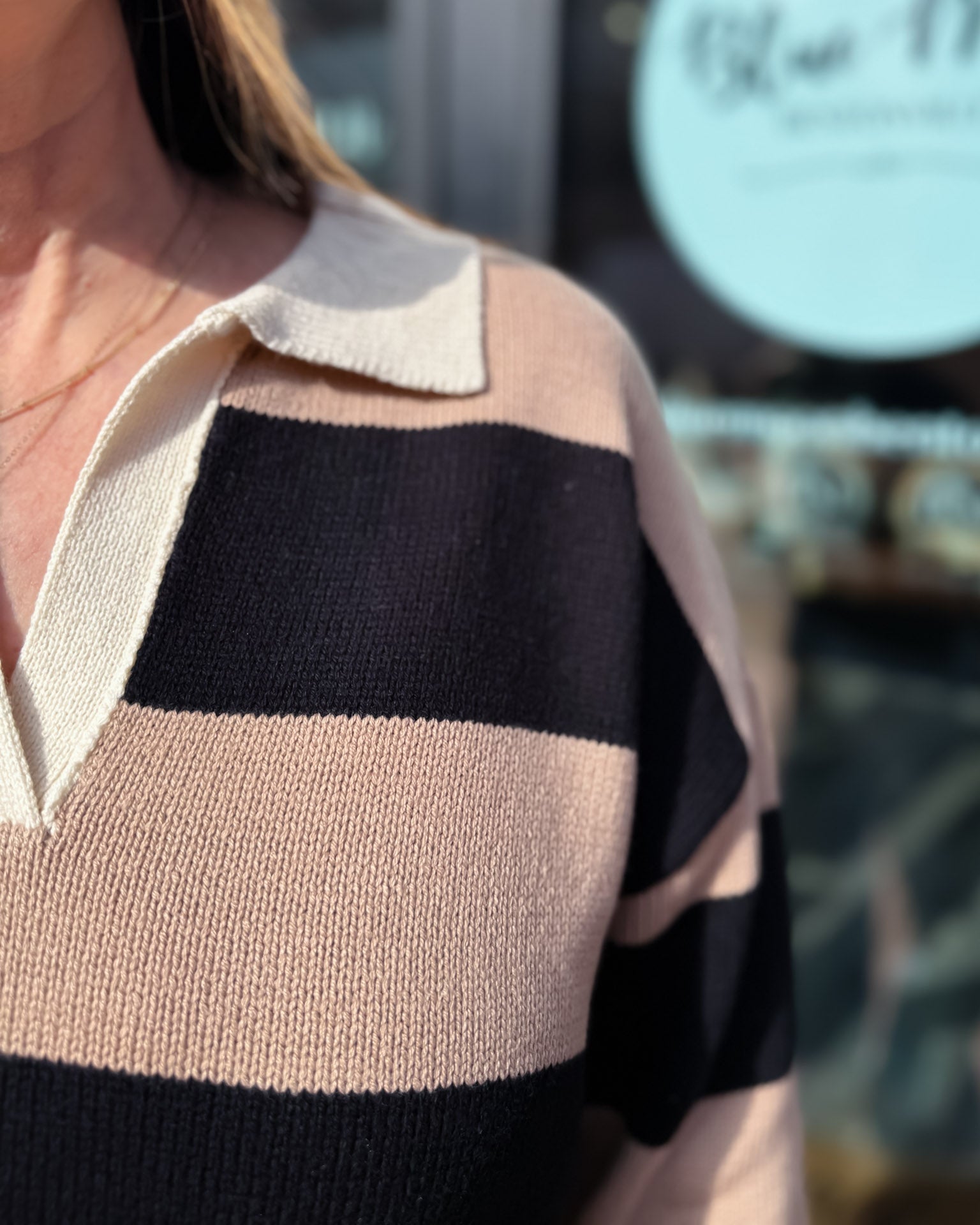 Camel/Black Striped Sweater w/Collar