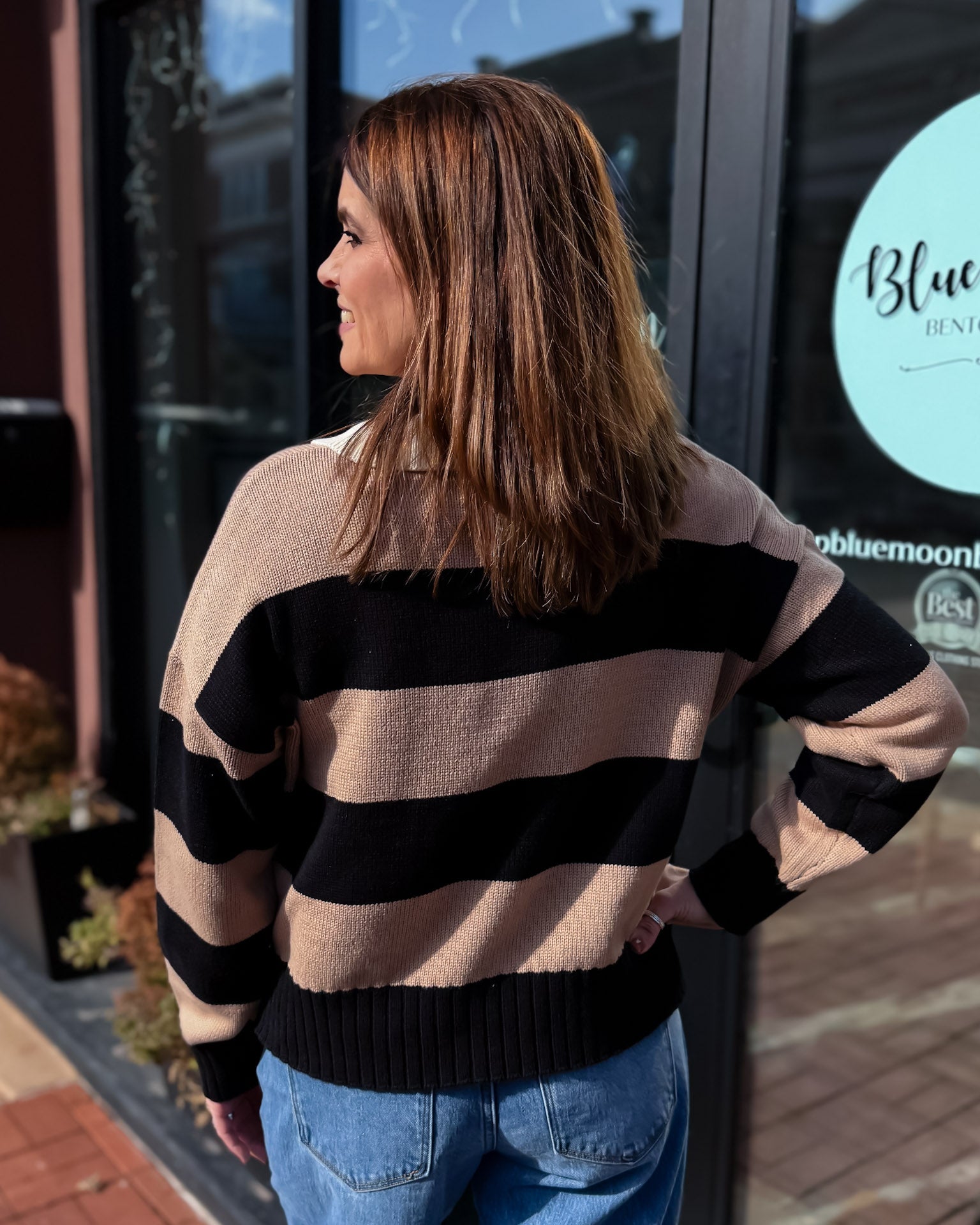 Camel/Black Striped Sweater w/Collar