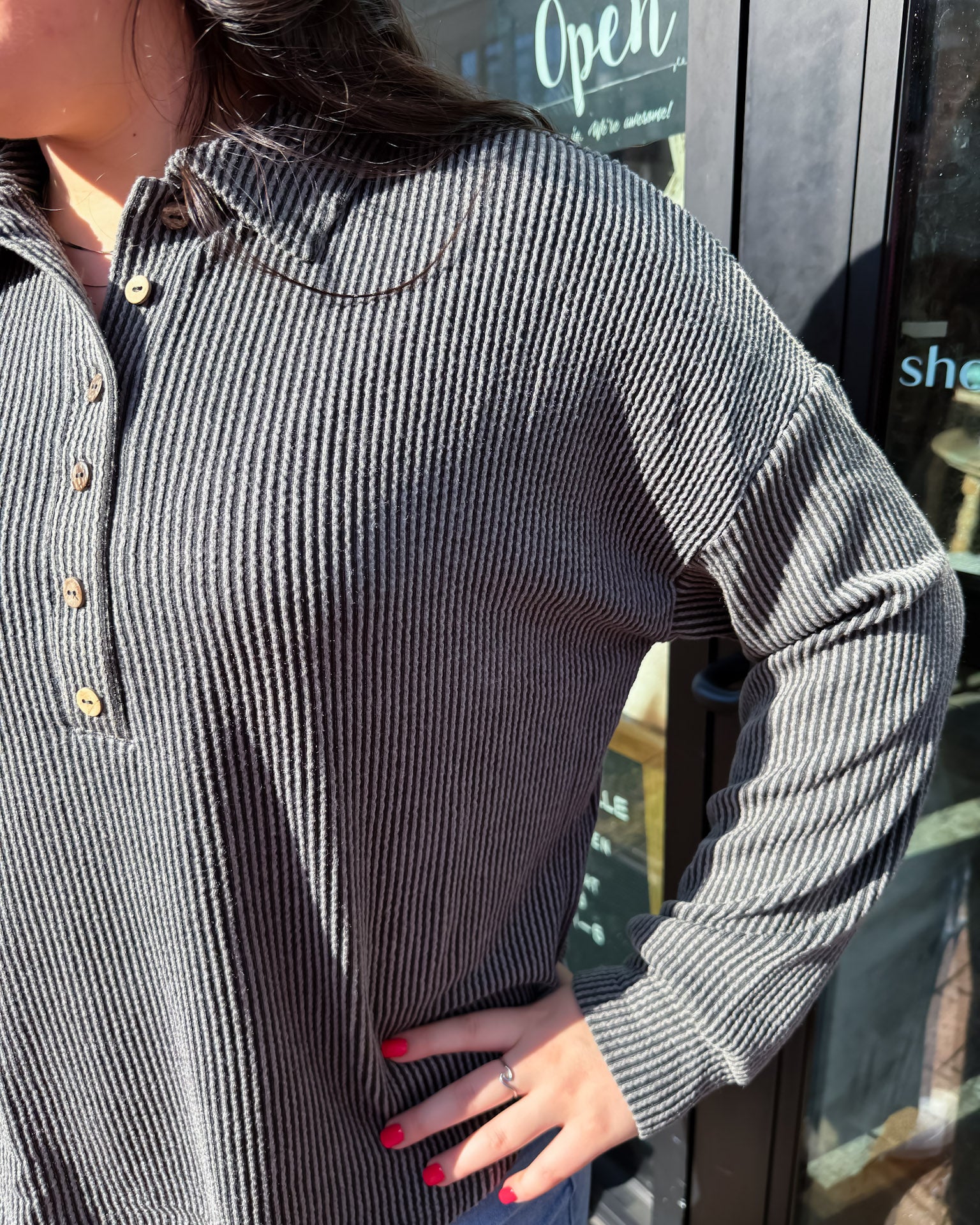 Charcoal Pinstripe Collared Knit Top