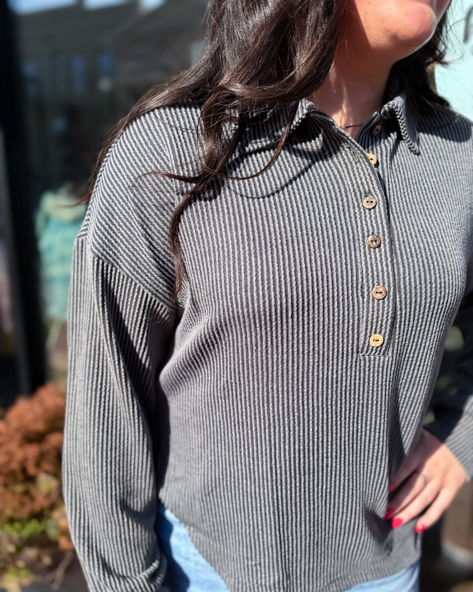 Charcoal Pinstripe Collared Knit Top