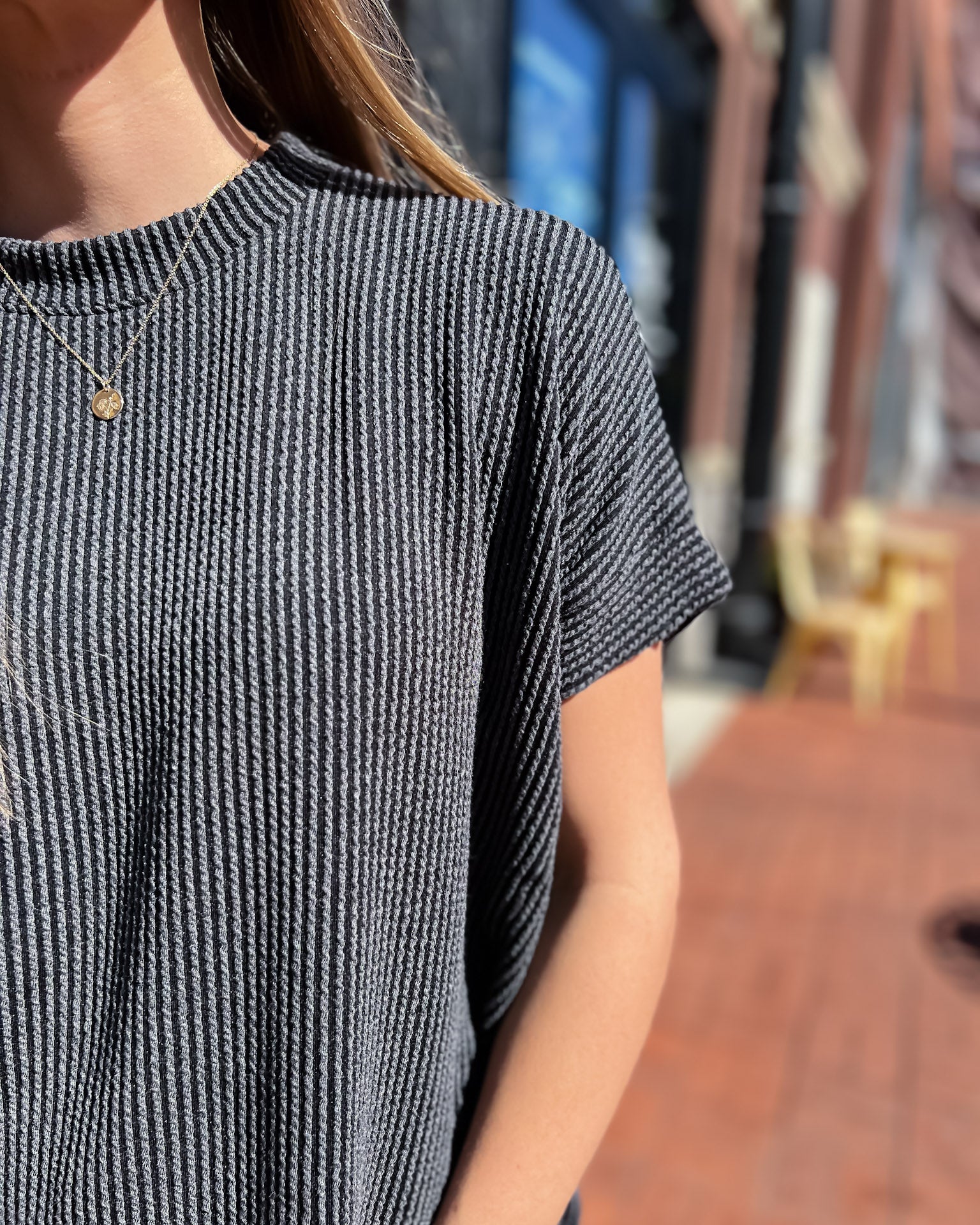 Charcoal Ribbed Short Sleeve Top