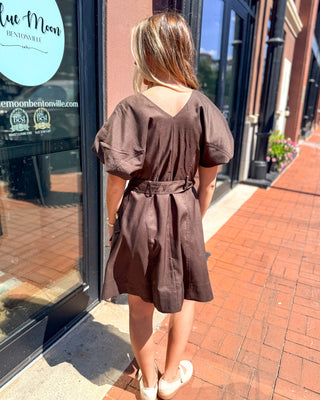 Chocolate Belted Mini Dress w/Gold Buttons - Blue Moon Bentonville