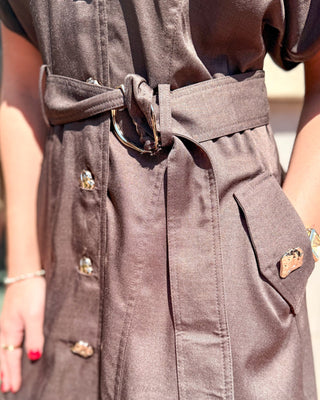 Chocolate Belted Mini Dress w/Gold Buttons - Blue Moon Bentonville