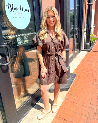 Chocolate Belted Mini Dress w/Gold Buttons - Blue Moon Bentonville