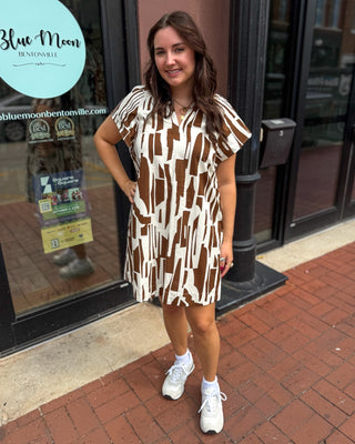 Chocolate brown abstract print mini dress