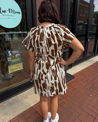 Chocolate Brown Abstract Print Mini Dress - Blue Moon Bentonville
