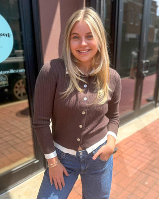 Chocolate brown contrast collar ribbed cardigan by Pinch, shown front, back, and detail views on model