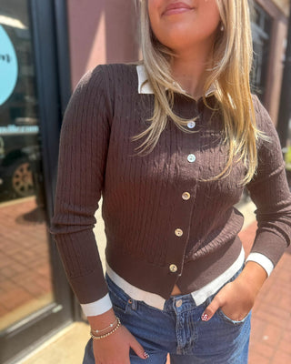 Chocolate Brown Contrast Collar Ribbed Cardigan - Blue Moon Bentonville
