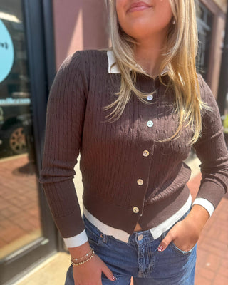 Chocolate Brown Contrast Collar Ribbed Cardigan