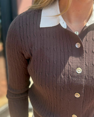 Chocolate Brown Contrast Collar Ribbed Cardigan