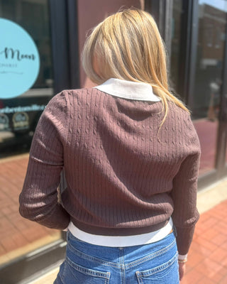 Chocolate Brown Contrast Collar Ribbed Cardigan