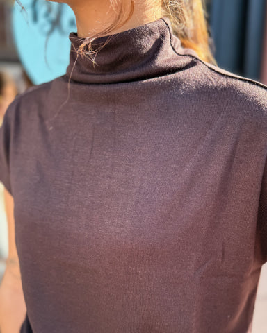 Close-up of a person wearing a dark brown turtleneck shirt with a blurred background