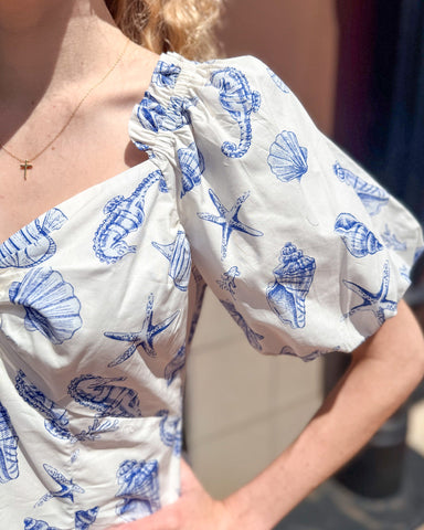 Coastal Seashell Puff Sleeve Top - blue white summer blouse - Shopbluemoonbentonville