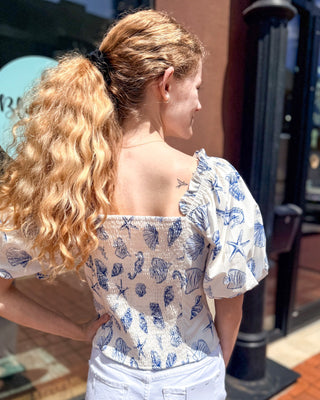 Coastal Seashell Puff Sleeve Top - blue white summer blouse - Shopbluemoonbentonville