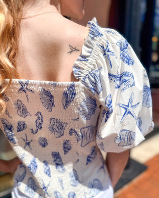 Coastal Seashell Puff Sleeve Top - blue white summer blouse - Shopbluemoonbentonville