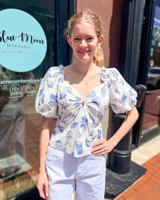 Coastal Seashell Puff Sleeve Top - blue white summer blouse - Shopbluemoonbentonville