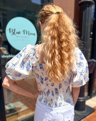Coastal Seashell Puff Sleeve Top - blue white summer blouse - Shopbluemoonbentonville