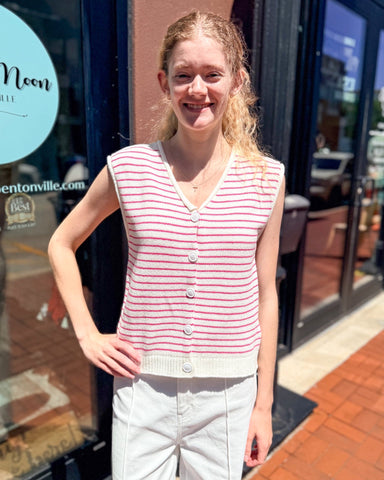 Coastal Stripe Knit Vest - ivory pink sweater vest - Shopbluemoonbentonville