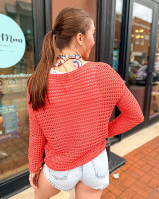 Coral Open Knit Lightweight Sweater - Shopbluemoonbentonville